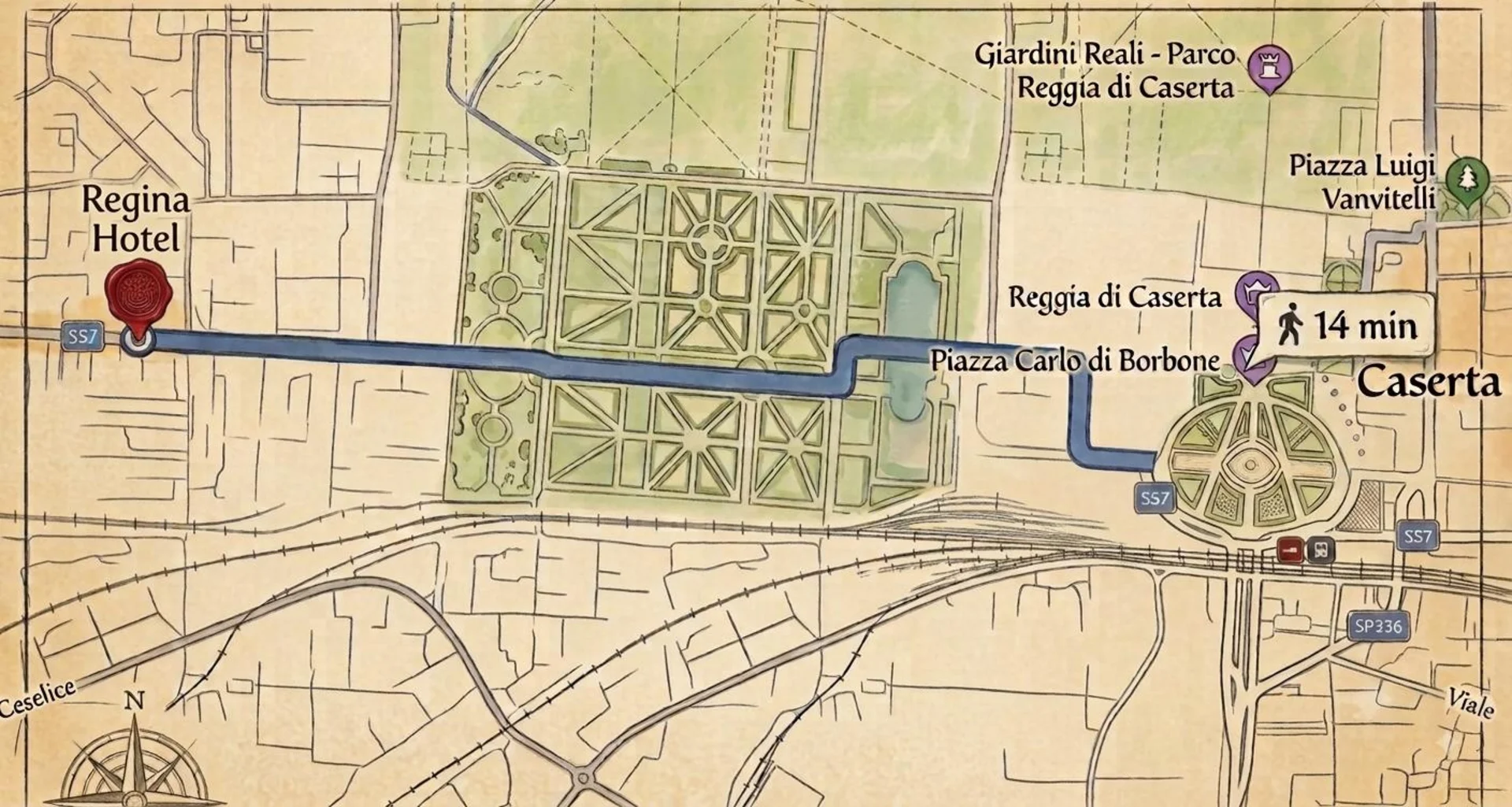 Map showing the route from Regina Hotel to the Royal Palace of Caserta