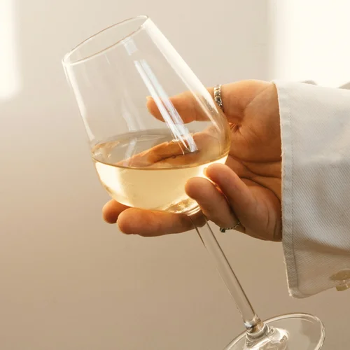 Hotel Regina Caserta · Sapori di Campania Mano con camicia bianca che tiene un calice di vino bianco